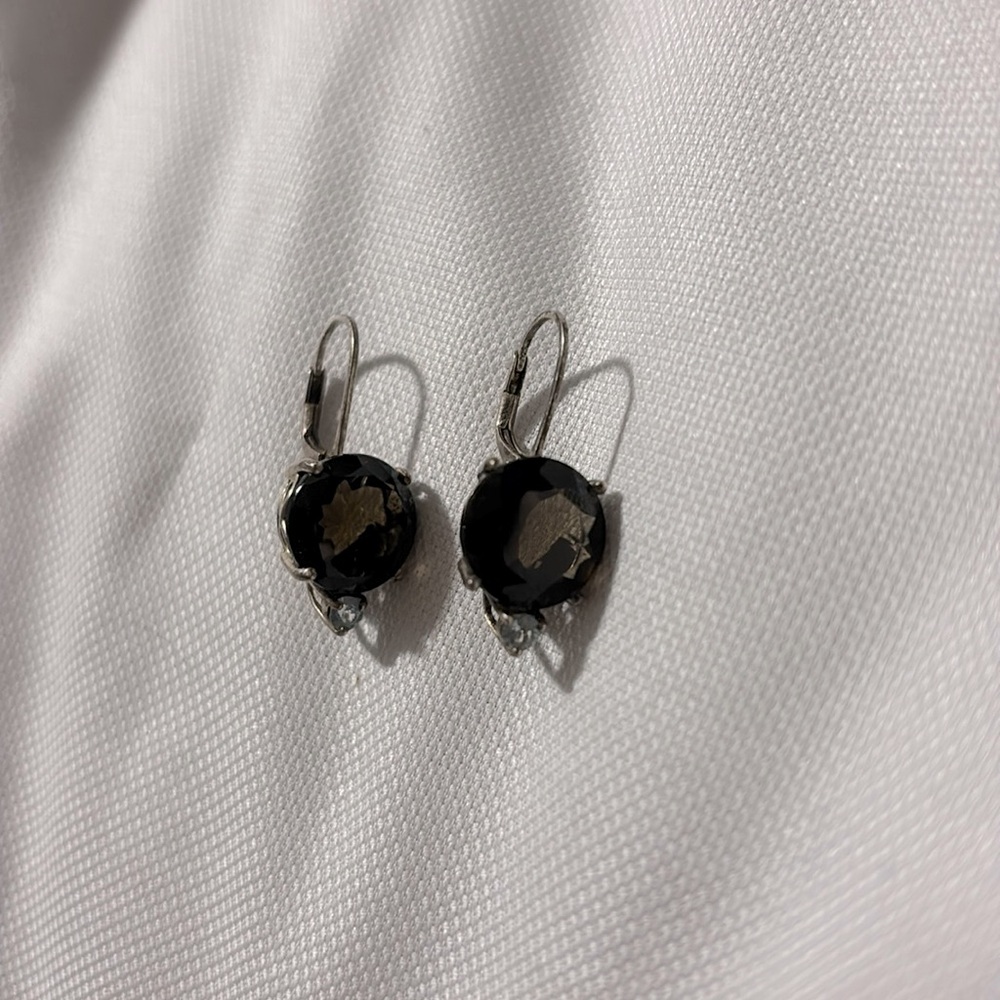Elegant Black smoky quartz , rhinestone and Silver Drop Earrings
